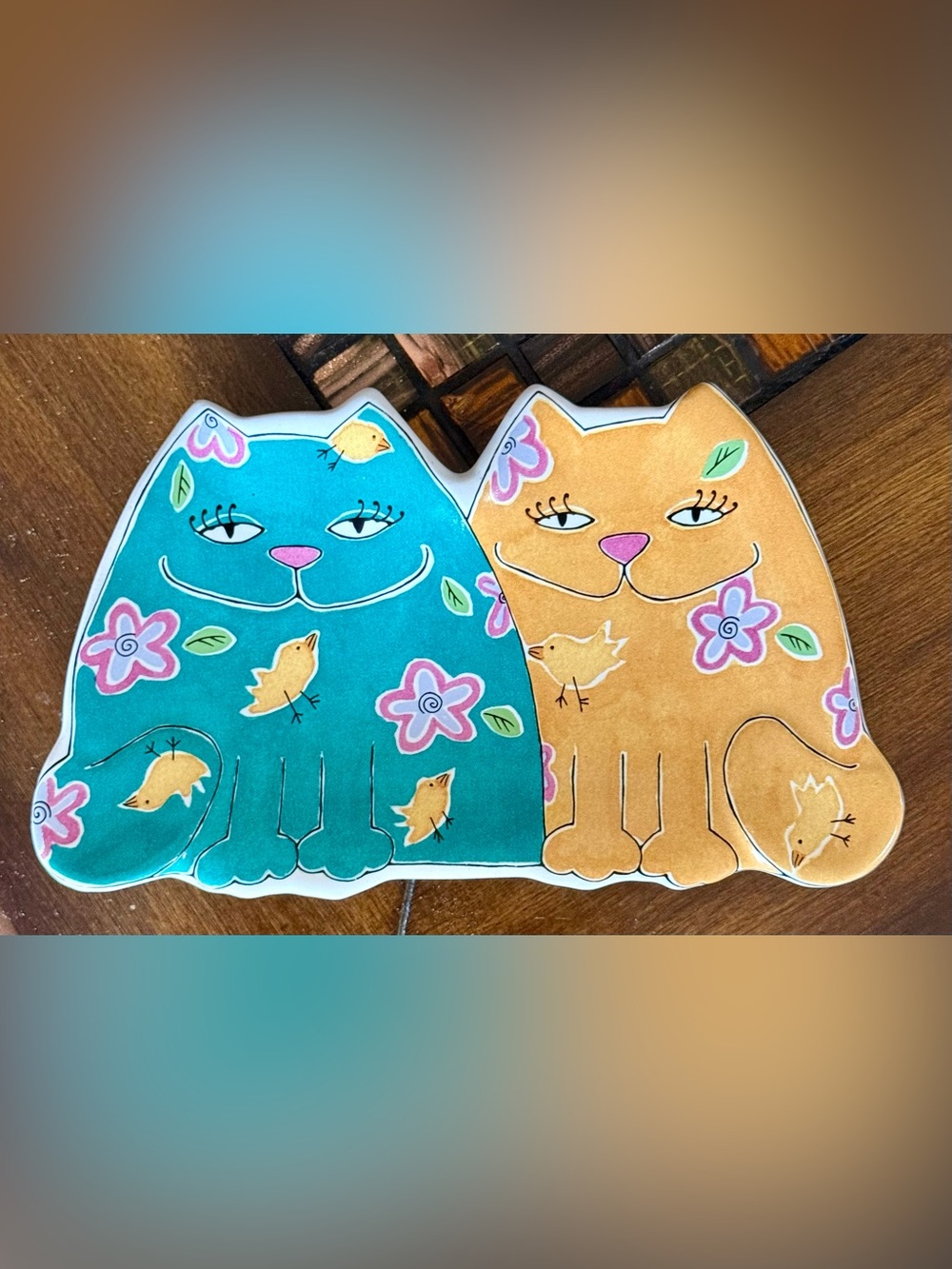Vintage Kitty’s Place Hand painted Ceramic Double Cat Dish